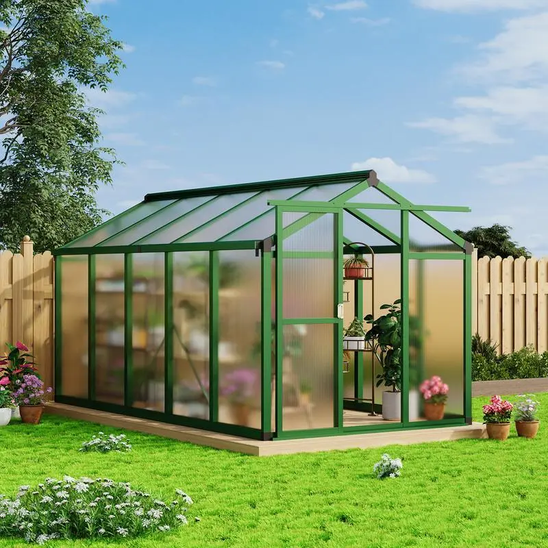 6x10 FT Aluminum Frame Outdoor Greenhouse with PC Panels, Triangular Roof, Natural Light, Ventilation Vent, Quick-Setup Structure for Backyard, Patio