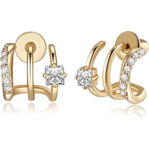 14K Gold Plated Triple Hoops Illustion Stud Earrings |   Double Huggie Hoop Earrings for One Hole Illusion Stud Earrings | Zirconia Gold Hoop Earrings for Women