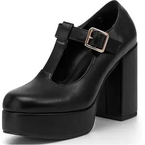 Womens' T-Strap Round Toe Chunky Platform Heels Patent Mary Jane Dress Shoes