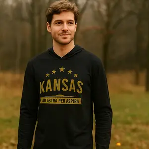 Bella+Canvas Kansas Distressed Long Sleeve Hooded Tee Ad Astra Per Aspera Graphic Design Black Men's Sweatshirt Classic Fit Motivational Print