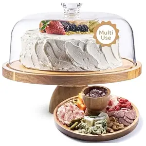 Wooden Cake Dessert Stand with Acrylic Dome Cover - Multi Use Charcuterie Board Featuring Assorted Desserts and Snacks