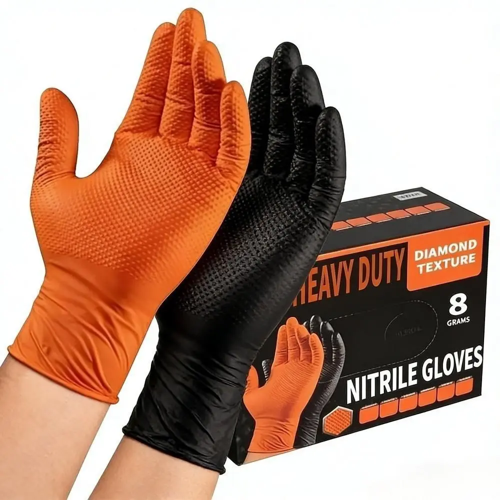 Disposable Diamond-Texture Nitrile Gloves, 8-Mil Thickness, Latex-Free, Suitable for Automotive, Outdoor and Household Cleaning, Nitrile Material
