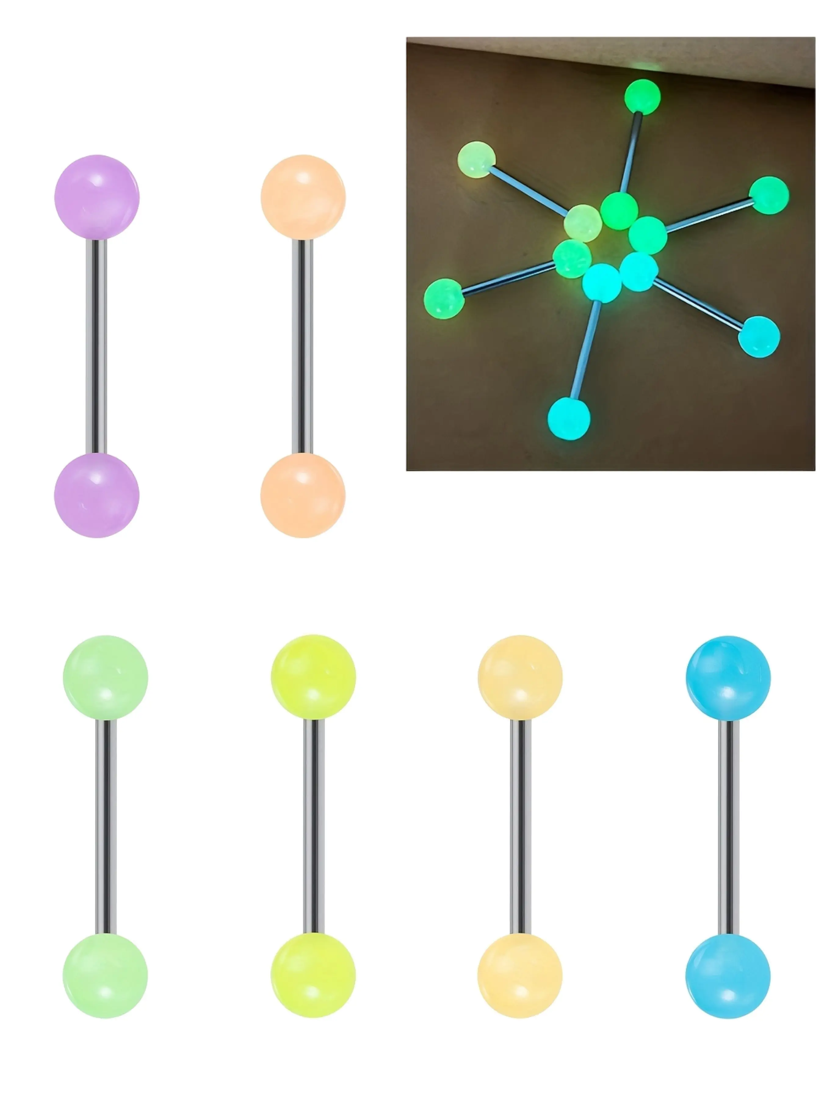 [glow-In-The-Dark Studs] 6pcs Multicolor Luminous Acrylic Ball Tongue Studs, Cartilage, Nipple, Lip, and Eyebrow Piercing Jewelry for Men, Punk Jewelry, Luminous Accessories, Body Jewelry
