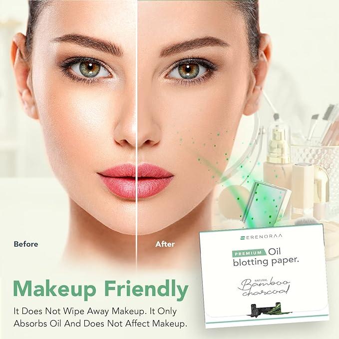 Natural Bamboo Charcoal Oil Blotting Sheets for Face - 3x100 Sheets with Extra Large 5x3" Thick Blotting Paper for Oily Skin - Dispensable Portable Pack - Reduce Skin Acne - Makeup Friendly Gentle Exfoliate
