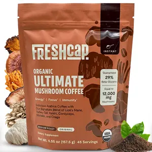 Freshcap Organic Mushroom Coffee – 12:1 Fruiting Body Extract – 29% Beta-Glucans – Smooth Tasting, 3rd-Party Tested for Clean Energy, No Jitters, Focus, Immune Support (45 Servings)