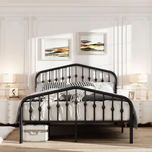 Modern Metal Platform Bed Frame with Stylish Headboard & Footboard, Strong Steel Slat Support, Noise‑Free Design, Under‑Bed Storage Space, Protective Rubber Skid Rings, Easy Assembly, Black Finish, King Size