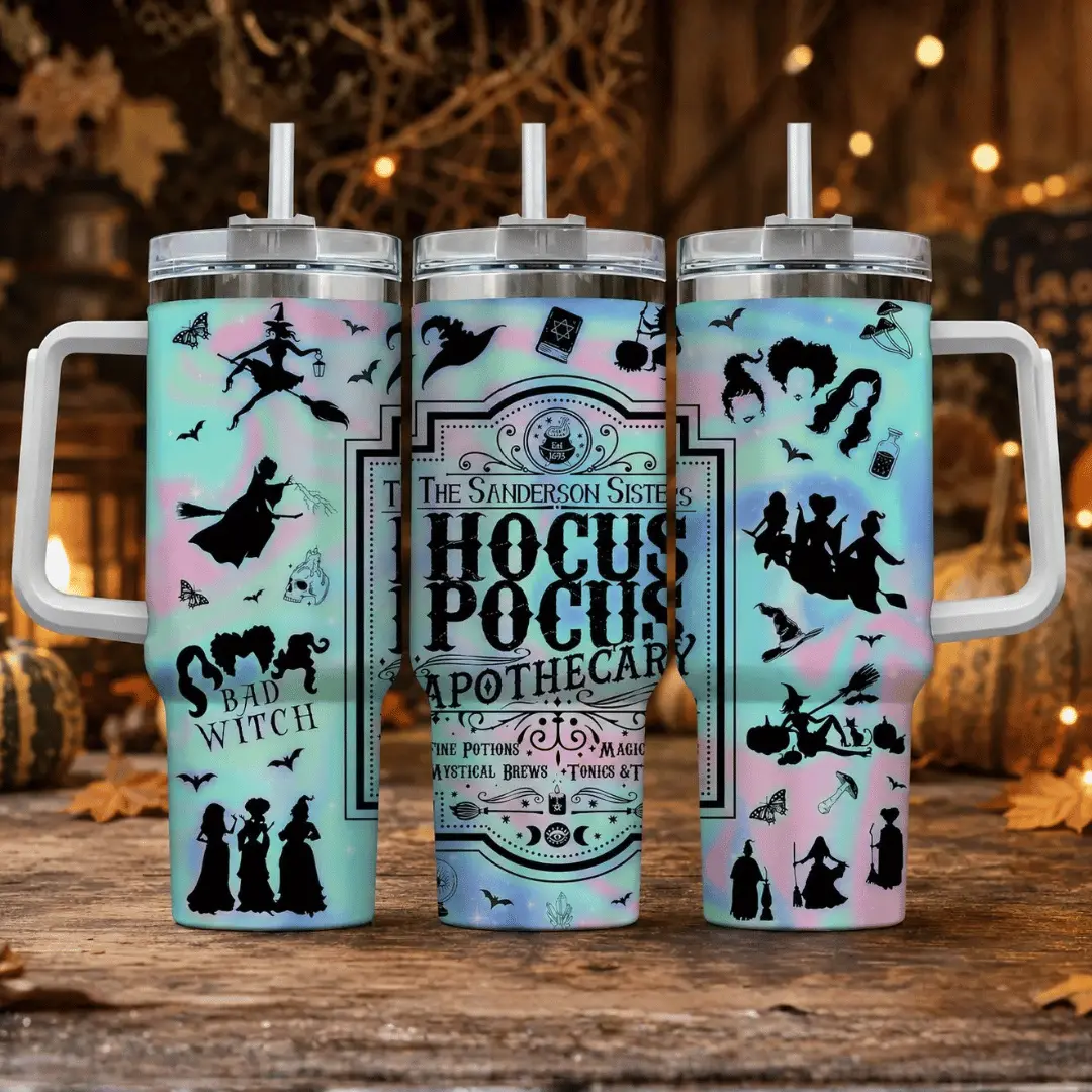 Hocus Pocus Apothecary Tumbler 20oz/30oz/40oz – Sanderson Sisters Stainless Steel Insulated Travel Mug with Handle & Straw