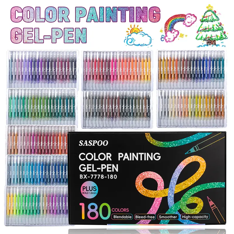 Glitter Gel Pens Assorted Pack Markers & Highlighters, 12/24/36/180 Colors Bright Metallic Waterproof Art Tools, for Adult Coloring Books, Bullet Journaling & Crafts
