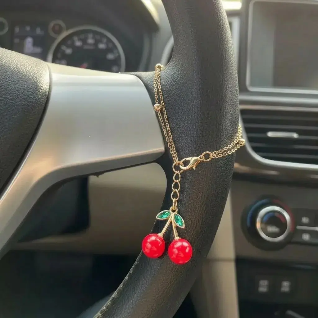 Cute Cherry Car Steering Wheel Pendant, Cherry Shape Keychain, Rearview Mirror Decor, Car Interior Accessory, Gift for Her