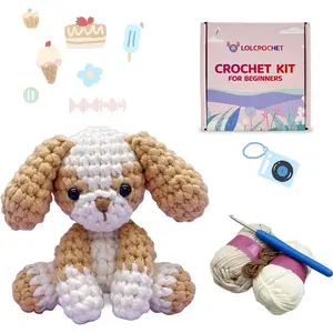 Cute Puppy Crochet Kit for Beginners, Learn to Crochet Animal Starter Set with Video Tutorial & Crocheting Manual, Easy Yarn Knitting Kit for Adult & Kid 12+, Stuffed Dog Craft Doll Xmas Gift