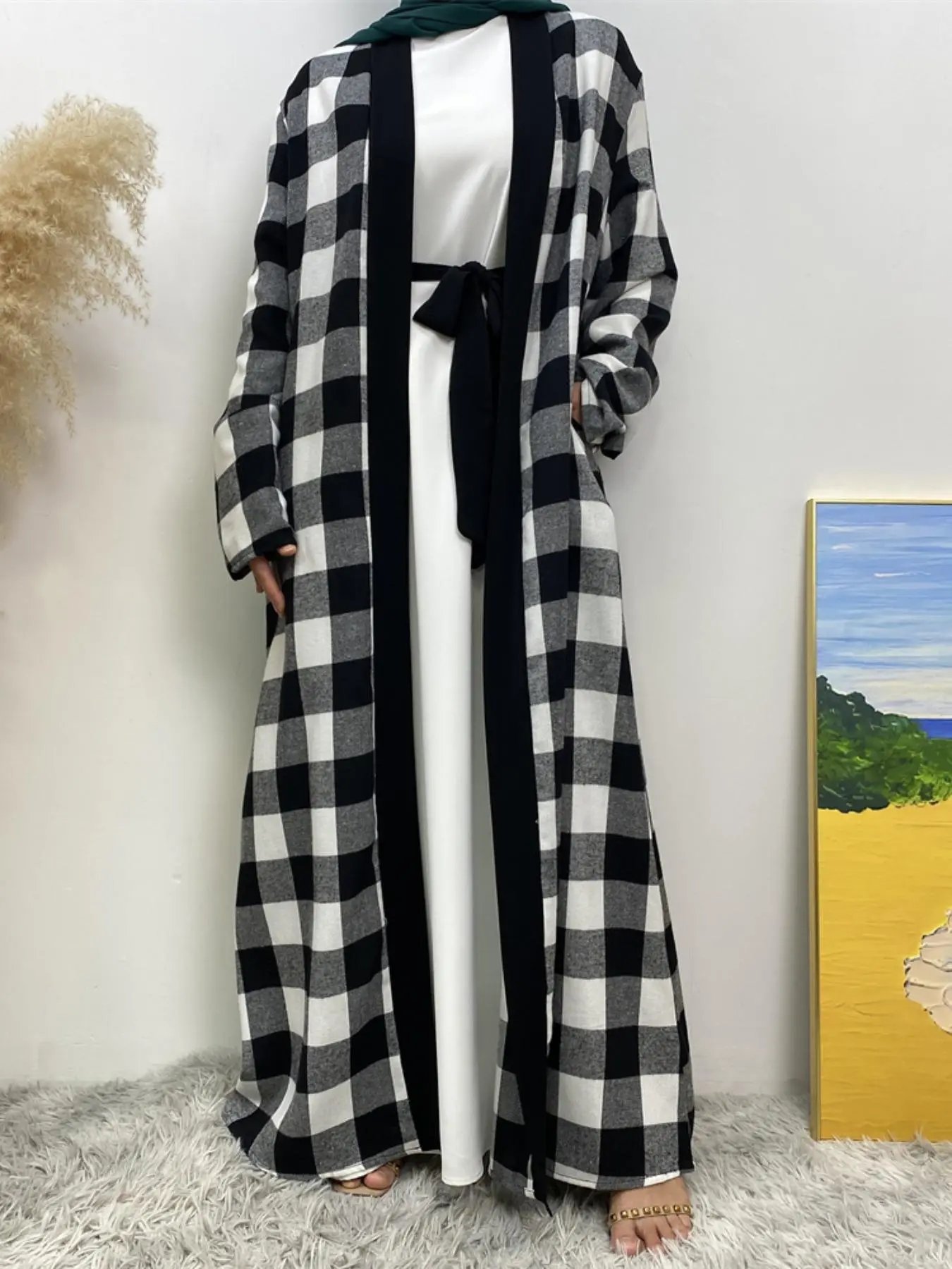 Women's Plaid Print Open Front Abayas, Modest Style Casual Long Sleeve Abayas for Spring & Fall, Ladies Clothes for Daily Wear