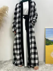 Women's Plaid Print Open Front Abayas, Modest Style Casual Long Sleeve Abayas for Spring & Fall, Ladies Clothes for Daily Wear