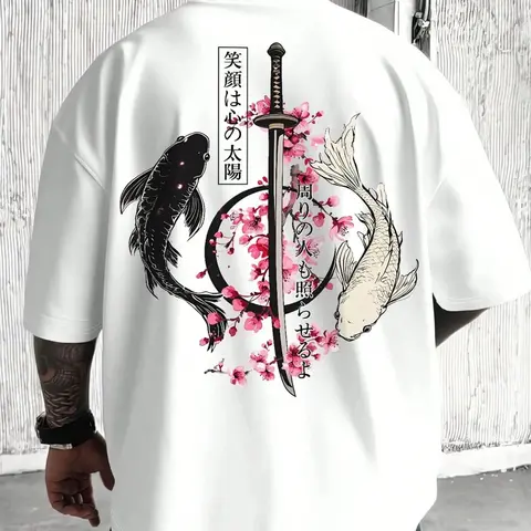 Women's Classic Menswear-Inspired Round Neck Soft Cotton Loose-Fit T-Shirt - Samurai Sword & Cherry Blossom Digital Print, No Stitch Bulk, Casual Street Apparel, Cold Wash, Machine Washable, Normal Type