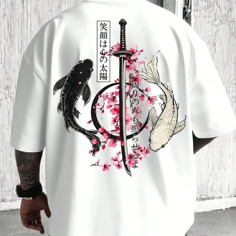 Women's Classic Menswear-Inspired Round Neck Soft Cotton Loose-Fit T-Shirt - Samurai Sword & Cherry Blossom Digital Print, No Stitch Bulk, Casual Street Apparel, Cold Wash, Machine Washable, Normal Type