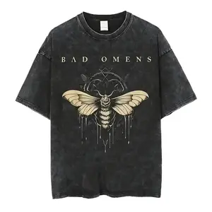Bad Omens 2024 Tour Vintage Washed 90s Graphic T-Shirt for Men & Women - Oversized Black Band Tee with Moth & Dripping Wax Design 100% Cotton  Streetwear 250g washed T-shirt Menswear Top   shirt Casual Unisex