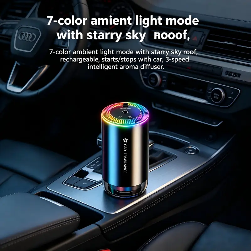 Smart Car Fragrance Diffuser, Cup Holder Auto-Spray Aroma Diffuser with Adjustable Mist, Ambient Light, Rechargeable for Vehicle, Home