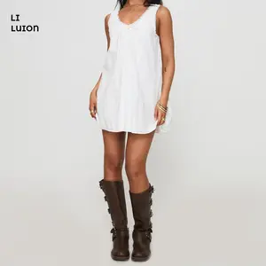 Womens Swing Mini Dress White Scoop Neck Casual Beach Vacation Smocked Ruffle Checkered Dressy