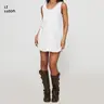 Womens Swing Mini Dress White Scoop Neck Casual Beach Vacation Smocked Ruffle Checkered Dressy Fit Summer