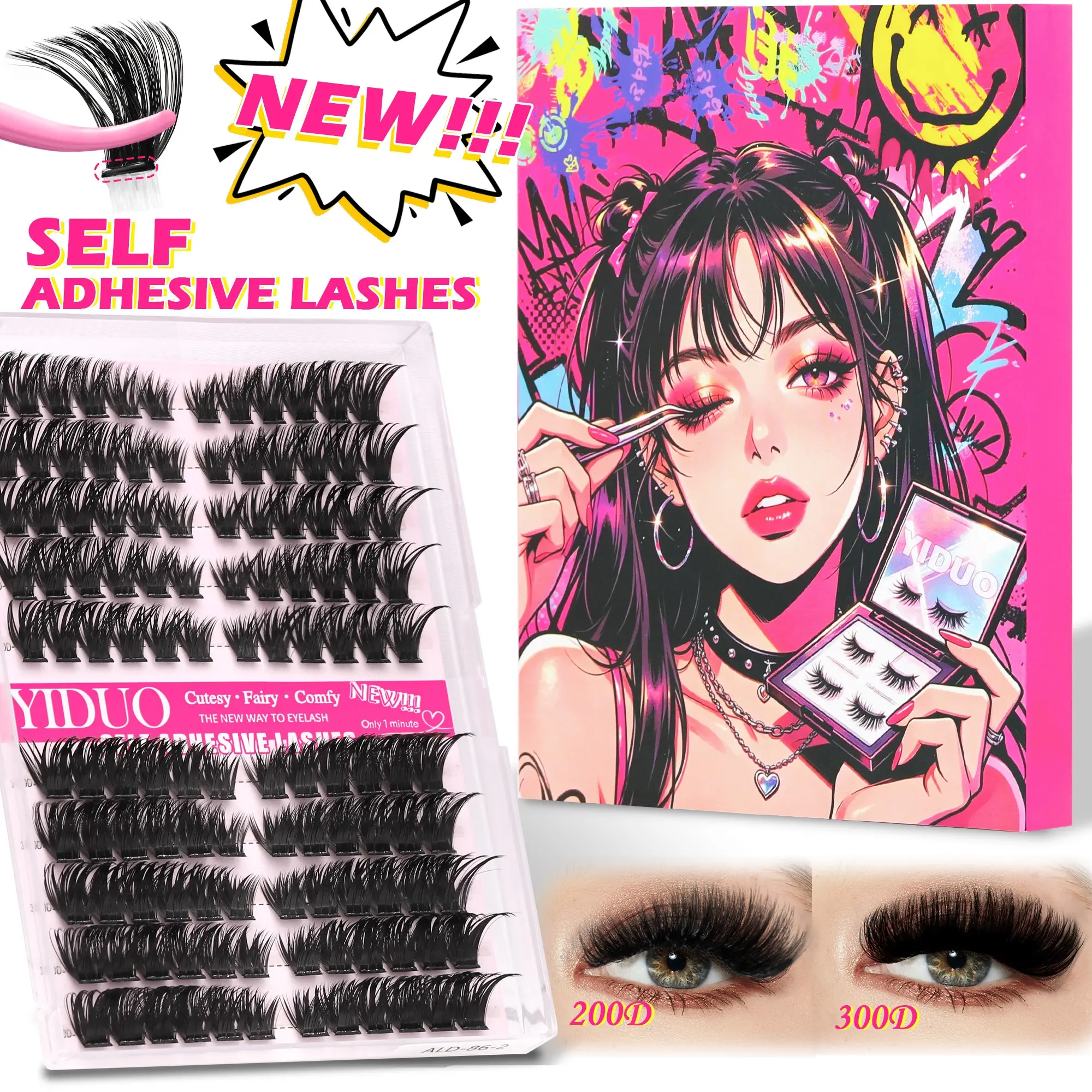 YIDUO Self-Adhesive Lash Clusters, 200D+300D Voluminous Press-On Lashes, Pre-Glued DIY Eyelash Extensions 10-18mm D Curl, No Glue Needed Individual Lashes Easy Application Gift Pack Volume Lashes Volumized False Eyelashes