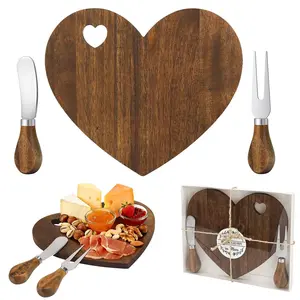Heart-Shaped Cheese Board with Knife Fork, Heart Cutout Design, Small Bamboo Cutting Board, Ideal for Wedding, Baby Shower, Valentine's Day