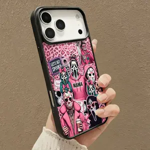 Sweet Dark style Pink Horror Mask Family Pattern Magnetic Phone Case Supports Wireless Charging for iPhone 17 Air 16 15 14 Pro Max 13 12 11 Shockproof  Protection  Acrylic phone case