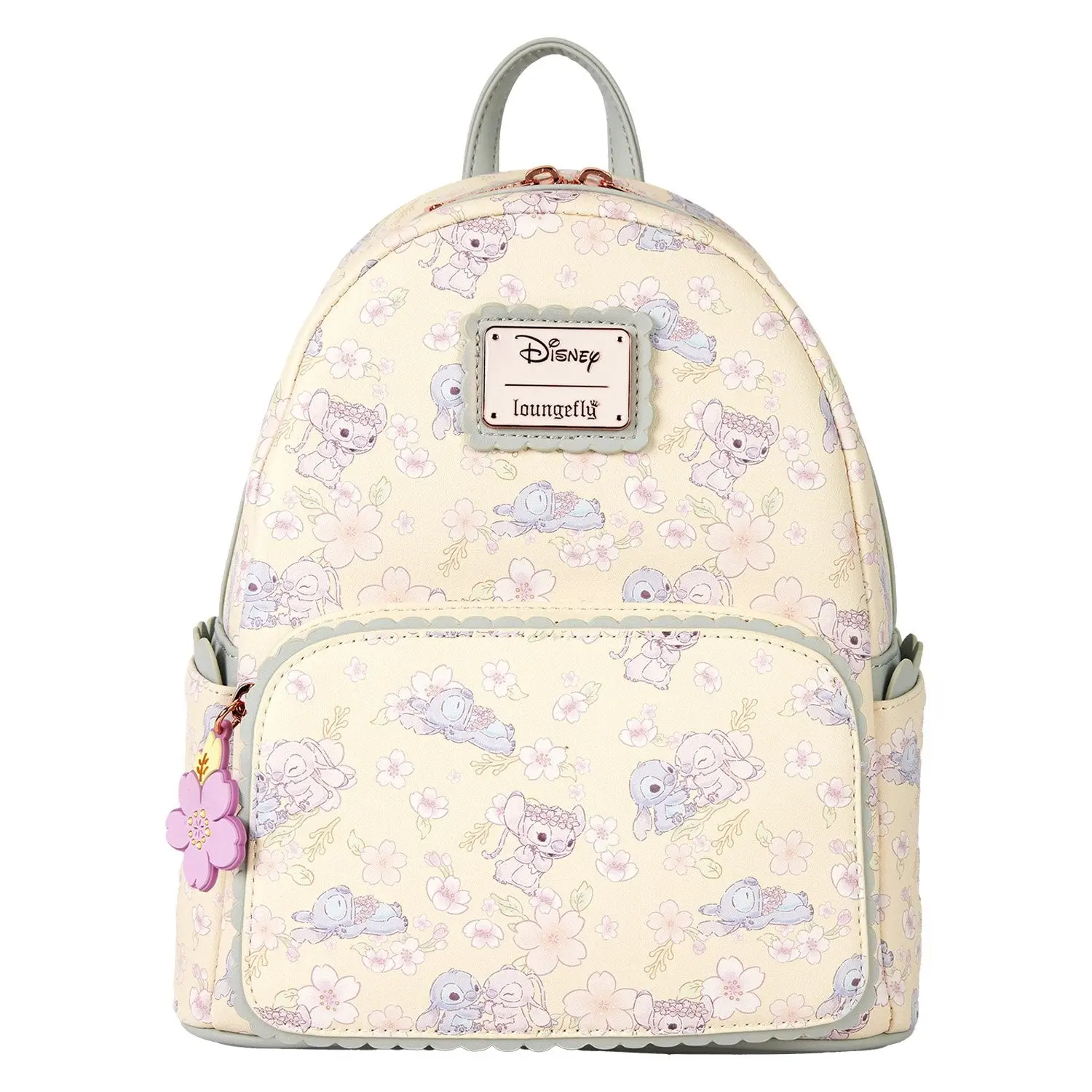 Loungefly Disney Stitch & Angel Cherry Blossom Floral All-Over Print Faux Leather Mini Backpack with Scalloped Applique, Zipped Pocket, Floral Print