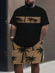 Men's Tropical Palm Print Set, Short Sleeve Tee and Shorts, Casual Loose-Fit, Knee-Length, All-Over Print