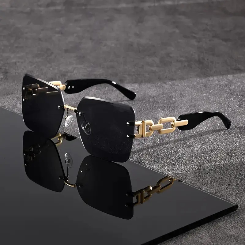 Unisex Square Rimless Cut-Edge Sunglasses - European-American Fashion, Metal Chain Decor, UV Protection Eyewear for Driving, Outdoor Use, Includes Semi-Rimless & Blacked-Out Women's Sunglasses Variants, Semi-Rimless Women's Sunglasses
