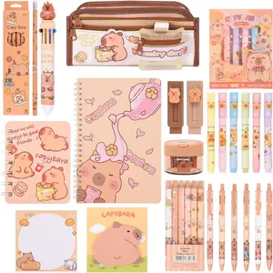 33 count Cute Capybara Stationery Set,Capybara Birthday Gifts for Boys Girls School Supplies,Capybara Set with Compartments Gel Pens, Pencils, Erasers, Pencil Sharpener etc, Classroom Rewards.