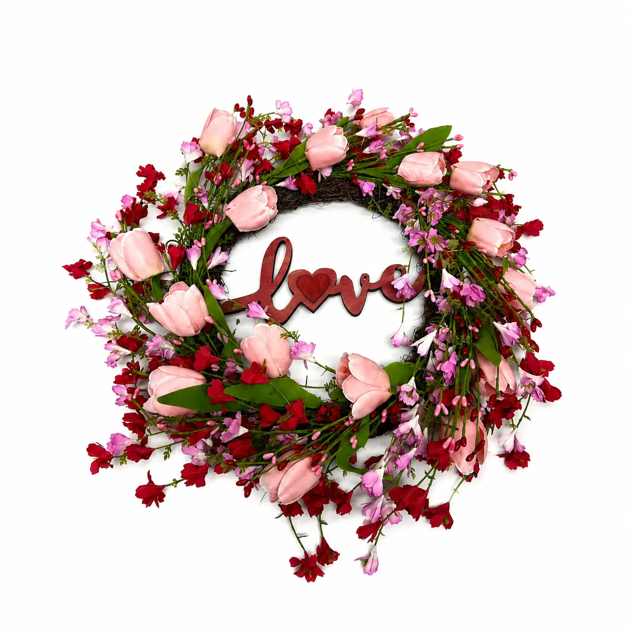 Pink Artificial Hanging Flower Wreath with Love Sign - Spring Front Door Wall Decor, Valentine-Mother's Day Gift