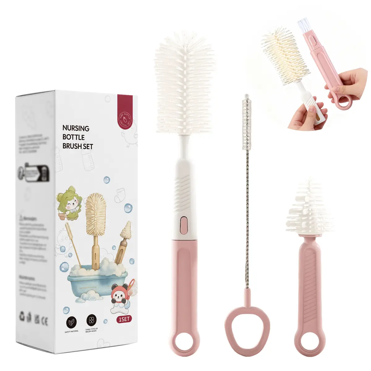 4-in-1 Baby Bottle Brush Set,Silicone bottle brush for cleaning nipples, multi-functional portable and detachable cup mouth brush, baby bottle and water cup lid straw brush set,pink