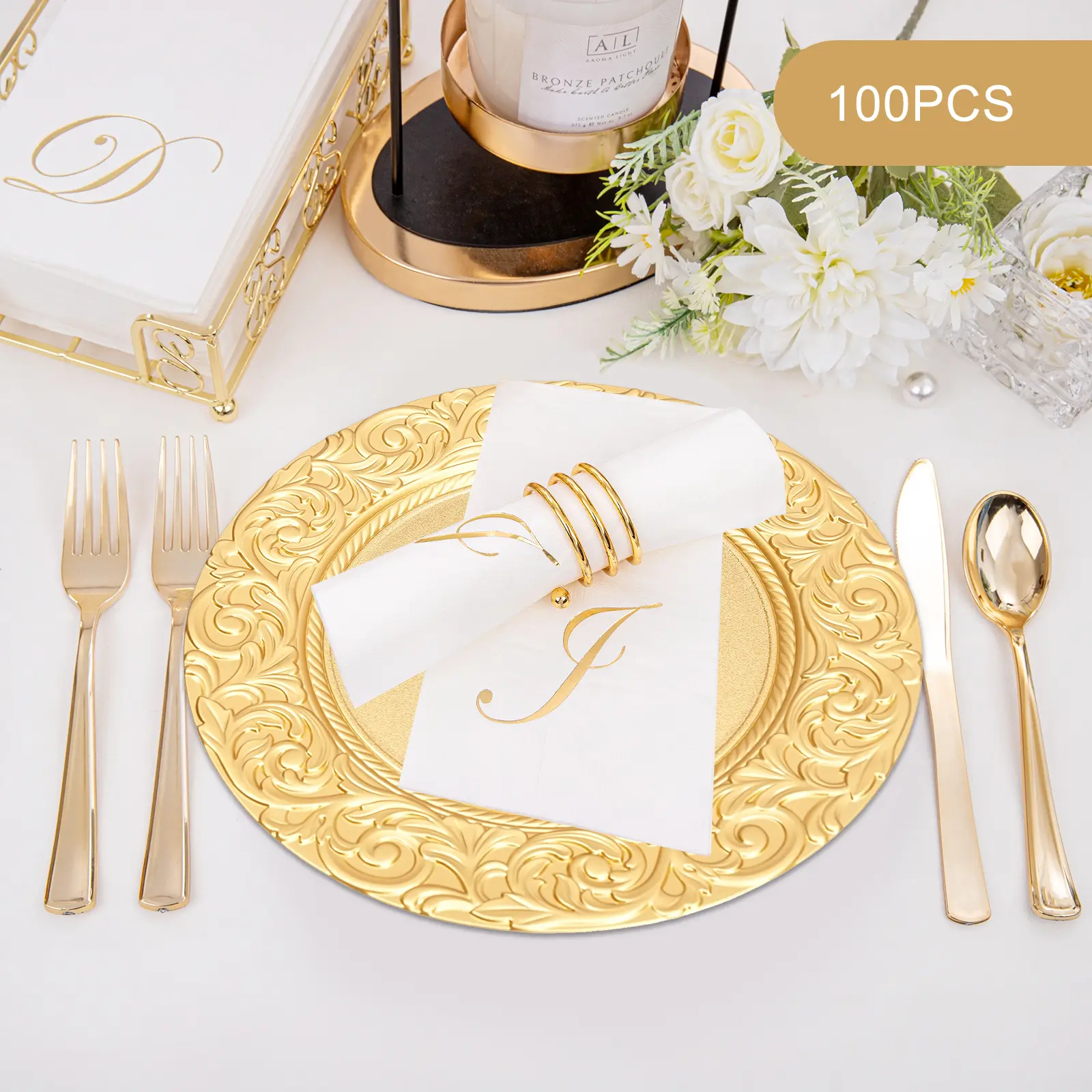 CNCEST Gold Charger Plates 100 Pack 13" Large Plastic Serving Plates, Heavy-Duty PP Rimmed Dinner Platters for Wedding, Party, and Event Table Decor