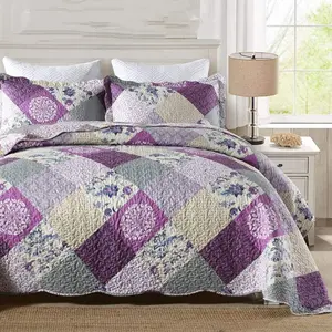Patchwork Quilt  Size, 3 count Floral Plaid  Bedspread Coverlet Set for  Seasons, Soft Reversible Microfiber Lightweight Bed Cover