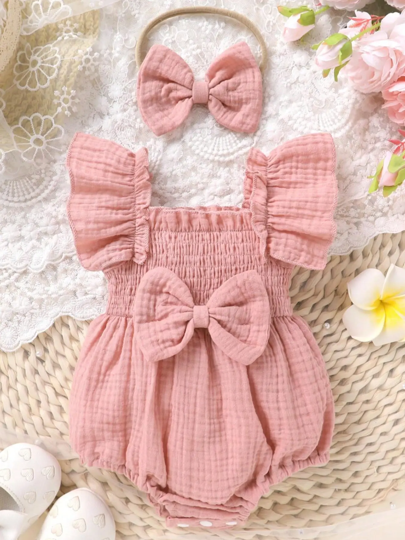2pcs, Baby Girl, Soft, Casual, Fashion, Cute, Simple Solid Color Square Neck Ruffle Cotton Jumpsuit And Headband Set With Bow Decoration, Baby Girl Clothing, Newborn Girl Clothing, Suitable For Everyday Wear, Vacations, Parties, Outdoor Activities
