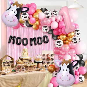 Pink Cow Balloon Arch Kit Pink Cow 1st Birthday Party Decoration Foil Fringe Curtain Pearl Pink and Cow Print Balloon Arch Garland Kit Number 1 Balloon for Cowgirl Holy Cow Im One Birthday Party Decor