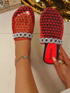 Summer New Mesh Rhinestone Chain Slippers for Women, Square Toe Flat Breathable Lazy Shoes, Trendy Casual Outdoor Wear Breathable Summer Sandals
