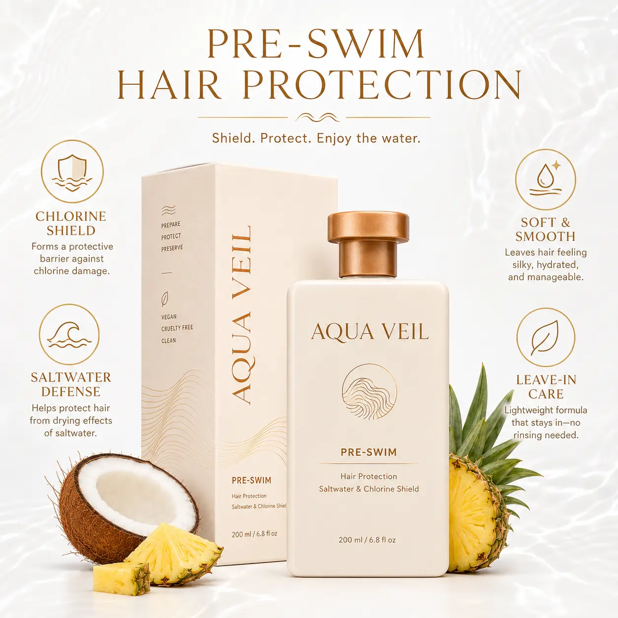 Pre-Swim Hair Protection Leave-In Conditioner, Chlorine & Saltwater Hair Protectant for Swimming, Pool & Beach Hair Care Cream for Dry Frizzy Hair