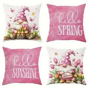 4pcs,  Spring Themed Throw Pillow Covers,  Spring Cute Cartoon Pattern, Gnome Floral Windmill Pink Yellow Design, Home Decor for Living Room Sofa and Bedroom, Suitable for Spring and all Seasons Decoration, 2D Flat, Single Sided Printing, No Pillow Core