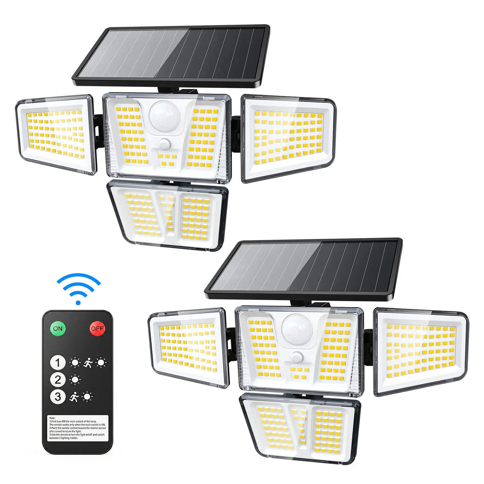 Solar Outdoor Lights 3600LM 270° Motion Sensor Security Lights with Remote Control, 4-Head Dimmable Spotlights with 3 Modes, Glass Panel, IP65 Waterproof Solar Flood Wall Light for Yard, Garage, Porche, Patio, Garden, Farm, Chicken Coop, Pool