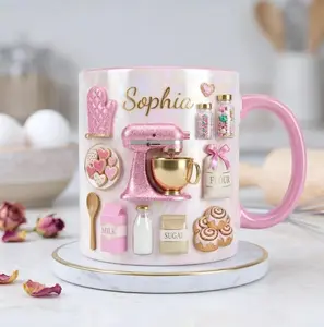 Custom Name Baking Faux 3D Accent Mug, Love Cakes Coffee Mug, Bakery 2D Flat Ceramic Cup, Gift for Baker, Gift For Baking Mom