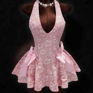Elegant Pink Lace Halter Dress with Bow Detailing and Deep A-Neckline for Special Occasions Casual Womenswear Summer Sleeveless