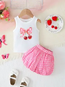 Girls' Cute Sleeveless Top with Bow and Cherry Print, Checkered Lantern Pants Set for Daily Wear, Baby Girl Clothes