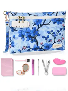Blue Floral Smell Proof Bag with 8pcs Accessories, Water-Resistant Cosmetic Storage Pouch, Travel Cosmetic Bags, Handy Medicine Bag Case with Combination Lock, Makeup Bags