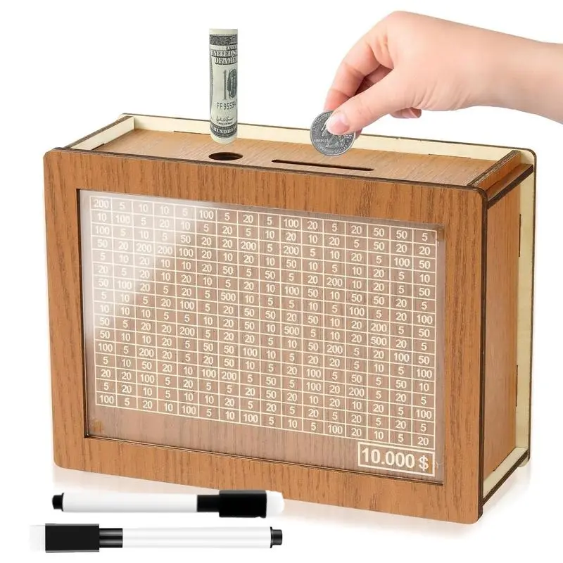 Piggy Bank, (stocking stuffers)Saving Box, Wooden Cash Saver Money Box, Wooden Piggy Bank Coin Bank with Counting Target, Wooden Coin Bank for Boys and Girls, Adults, Best Gift for Friends (Brown, 10000$)
