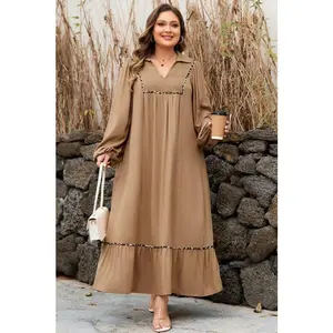 Plus Size Smocked V-Neck Leopard Piping Maxi Dress