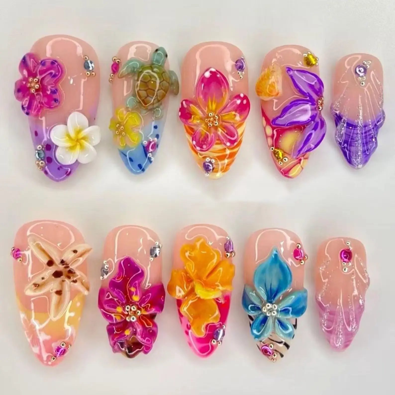Handmade Tropical Flower Press On Nails | 3D Hibiscus & Plumeria Nail Art | Summer Beach Glossy Gel Nails | Luxury Custom Nail Set