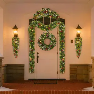 Christmas Set of 6 Pre-Lit Battery-Operated Wreaths. Warm White LED Lights for Indoor/Outdoor, Flame Retardant & Ready to Hang.