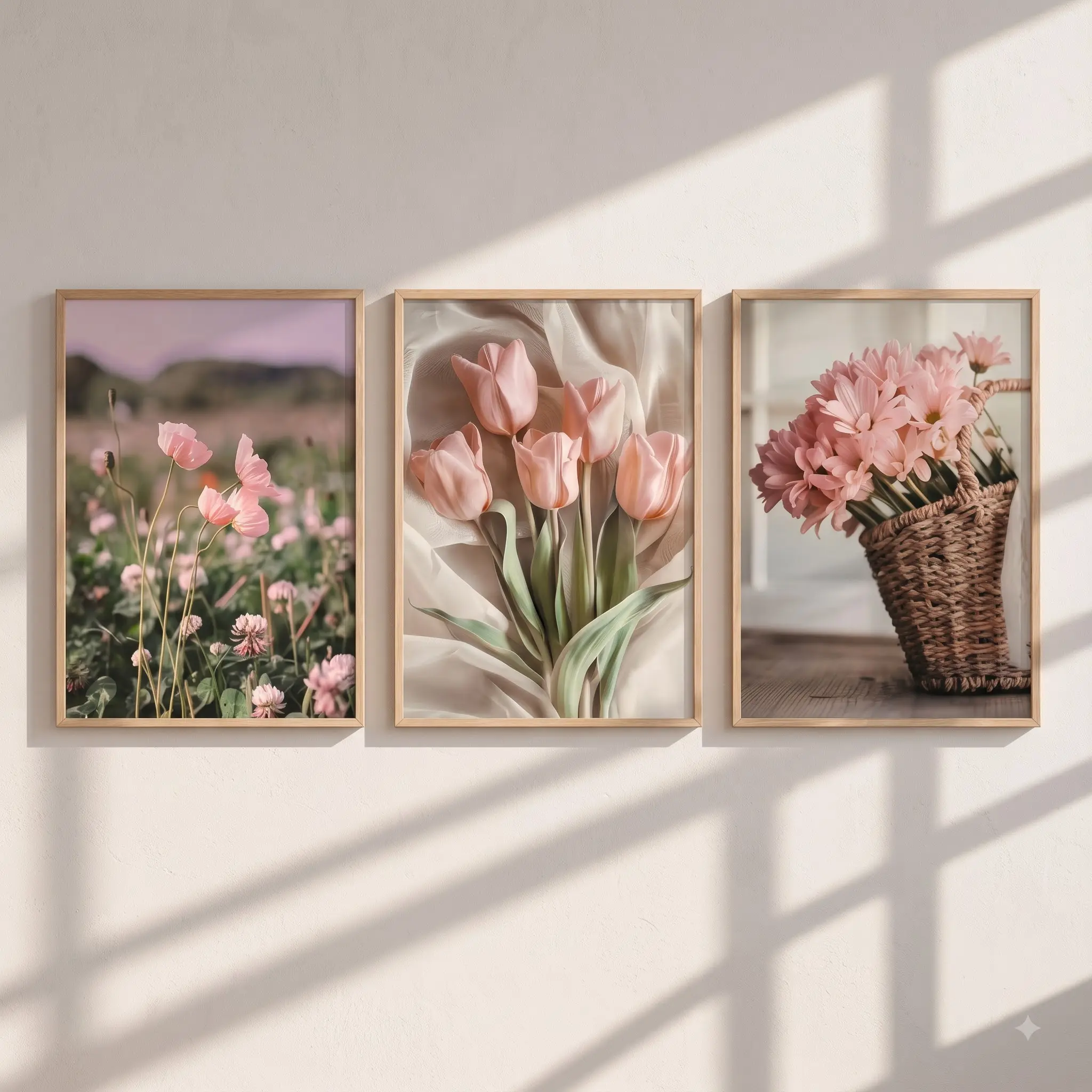Pink Floral Basket Plant Set Of 3 Poster, Wildflower Print Poster, Romantic And Elegant Bouquet Wall Decoration, Suitable for Living Room, Study, Bedroom, Dormitory, Etc., Ideal Creative Gift