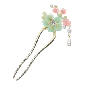 Ancient Style Elegant Flower Tassel Hairpin, Vintage Floral Hair Pin, Mint Green and Pink Flowers with Pearl Tassel, Chinese Style Hairpin Hair Accessories