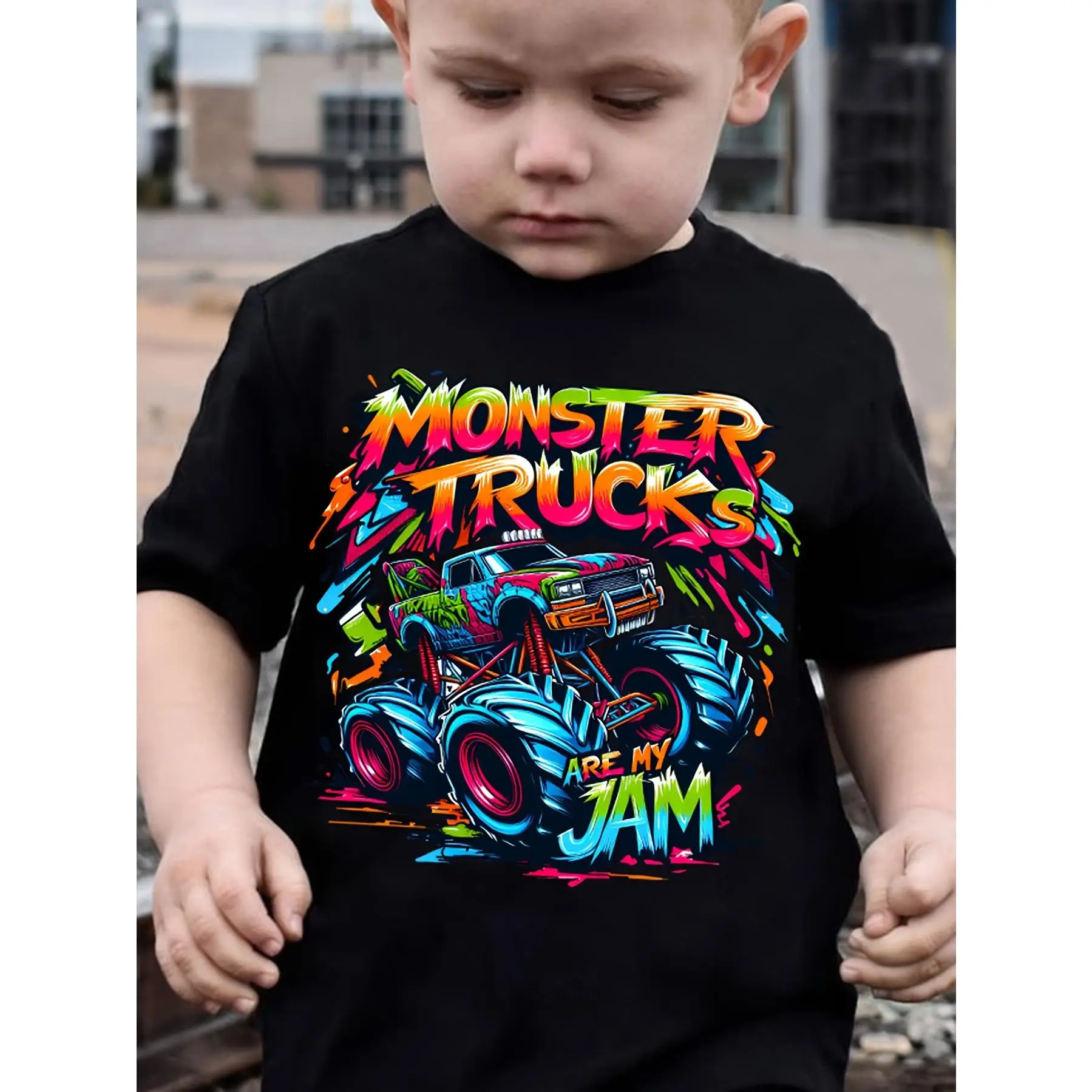 Trendy Cute Boy's Summer Top - MONSTER TRUCK JAM Cartoon Print Short Sleeve Crew Neck T-shirt - Casual Outing Tee Gift